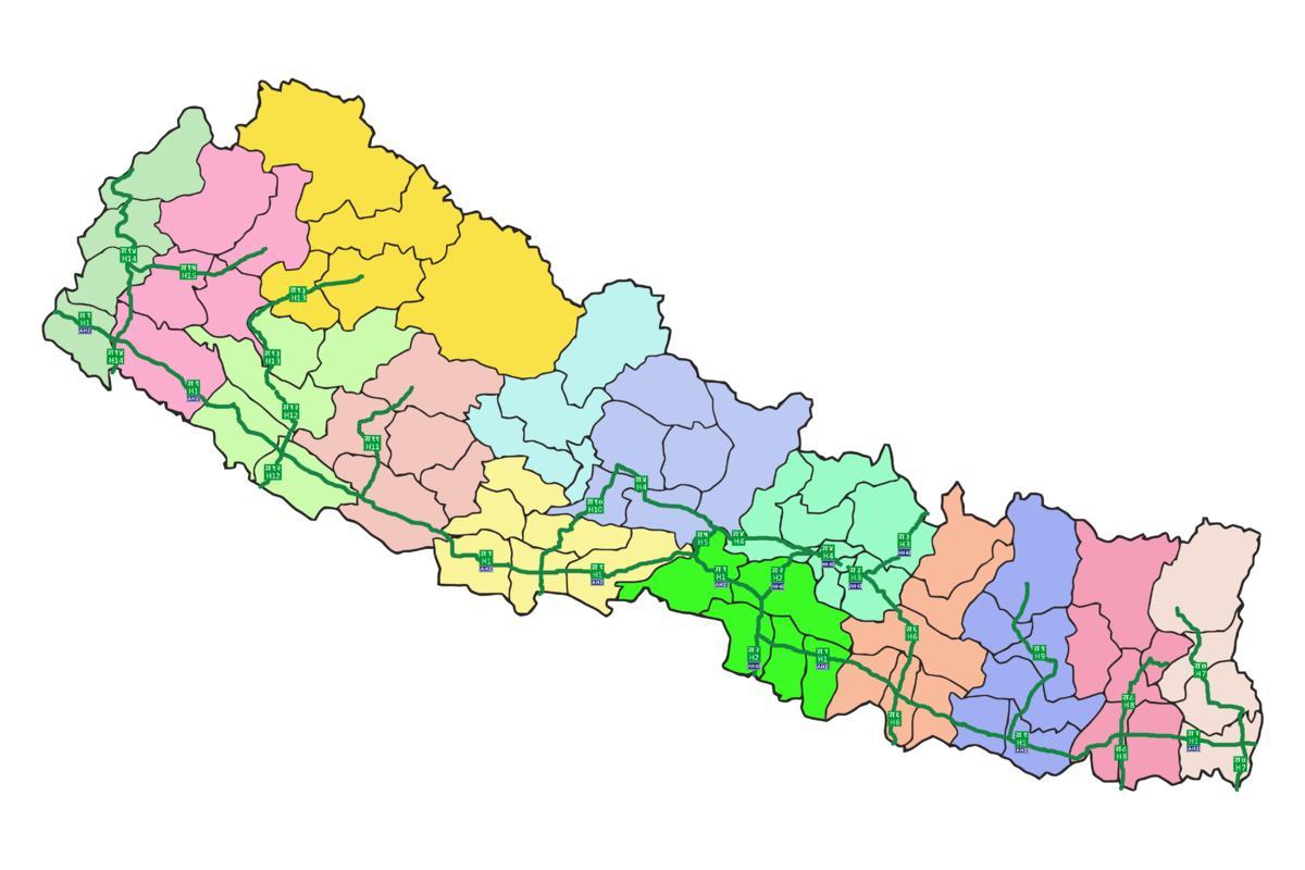 Harta e nepalit me të nëpër rrugët kryesore